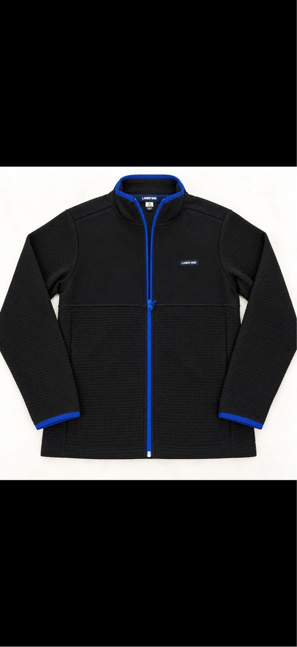 Lands’ End Men’s Medium Full Zip Fleece Jacket Black Blue Trim M 38-40